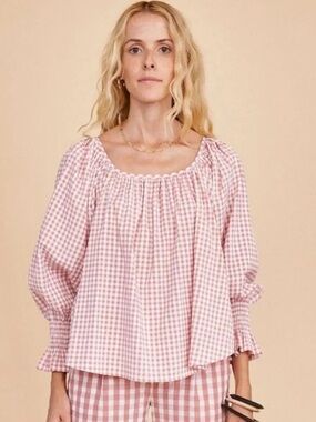 Hunter Bell Rosette Check Lucia Scoop Neck Blouse Women's Pink Size: Large